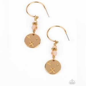 New Gold hoops with opaque beads hanging down to a gold starry disc